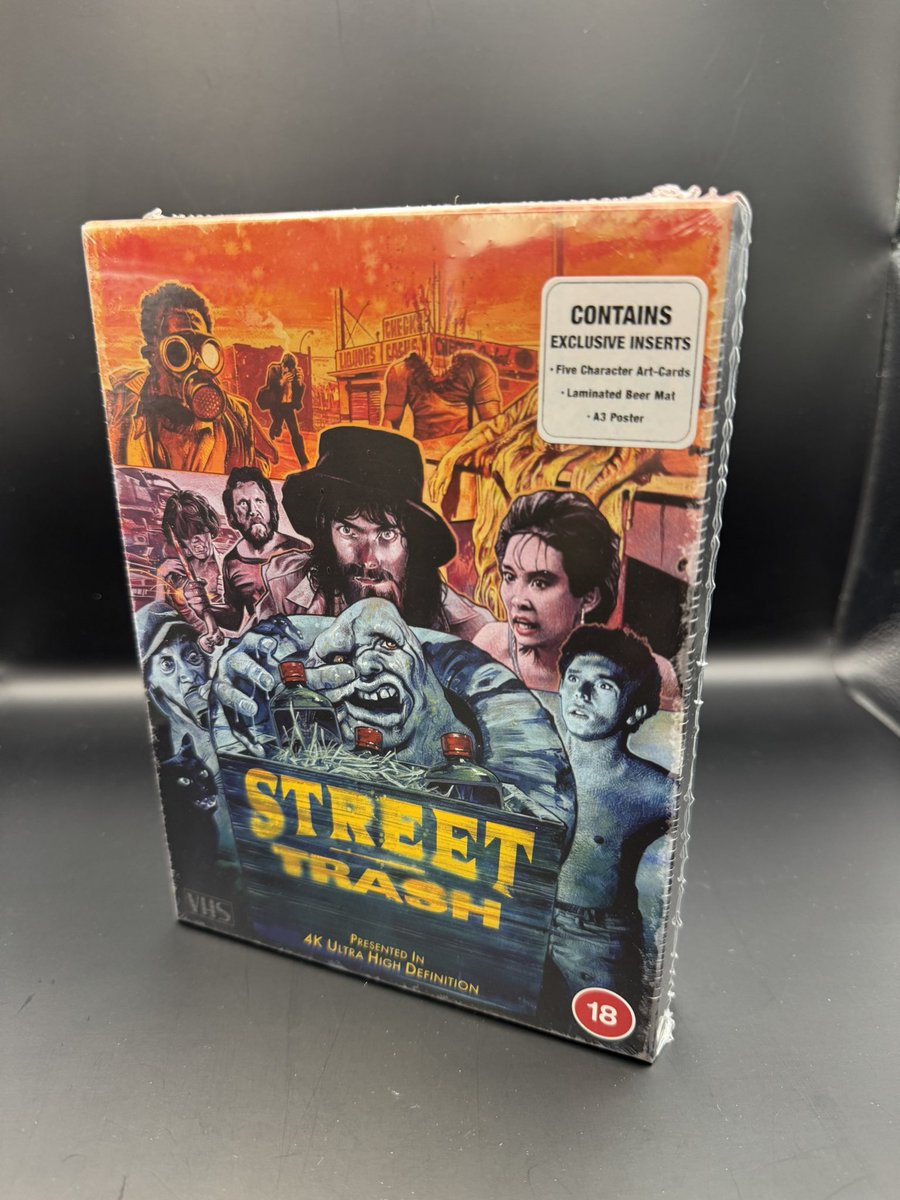 jasonimpey's tweet photo. A look at the stacked edition of the 80s exploitation classic Street Trash released by @Lightbulb_Films featuring lots of new bonus features I created including video essay, audio commentaries &amp; documentary #streettrash #limitededition #vhsbox #collectorsedition #4kuhd https://t.co/UxRuqiU7it