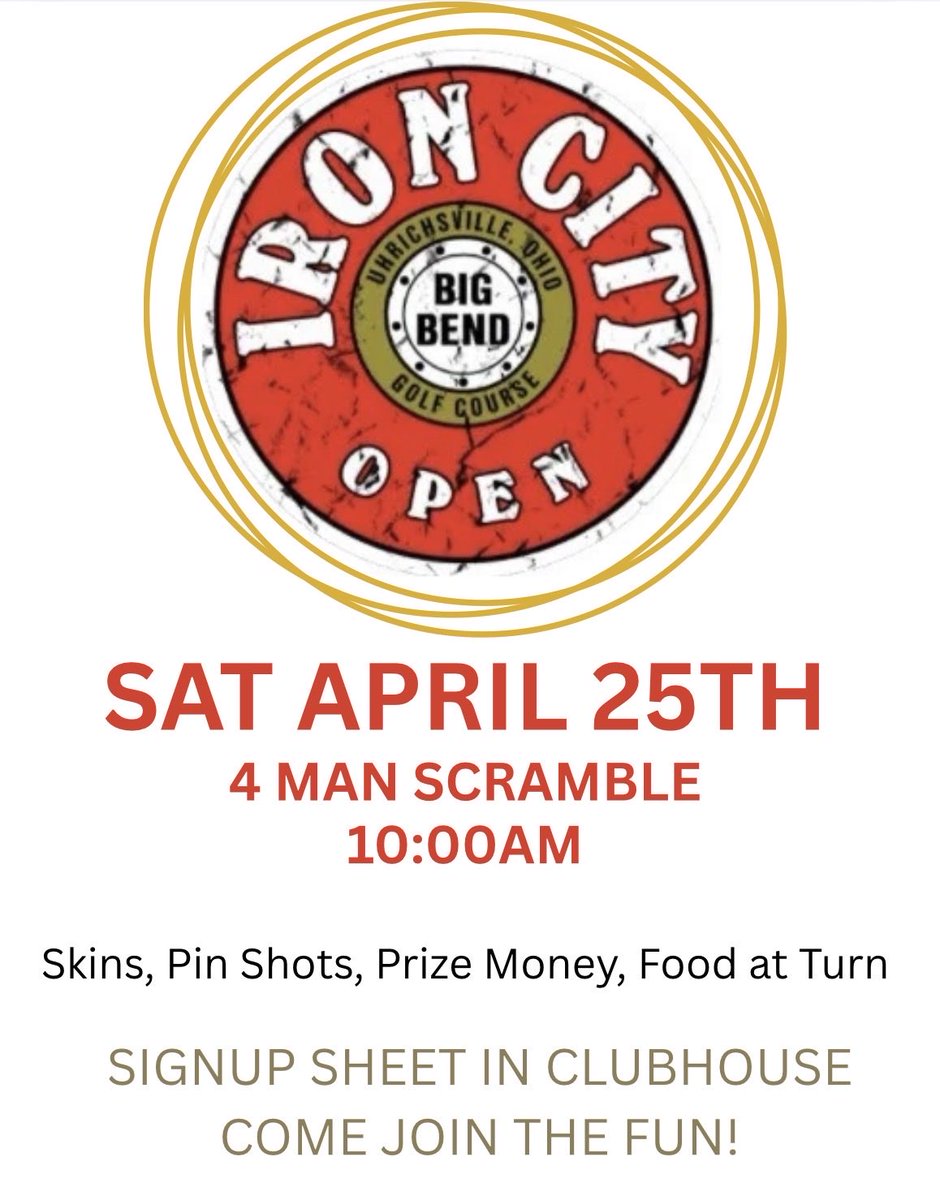 thebenderbg's tweet photo. We cannot wait for our first outing of the year! The Iron City Open —> this Saturday! Come join us for some good golf and perfect spring weather as well as America 250 festival!  #IronCityOpen #america250 #bigbendgolfcourse #bbgc https://t.co/BcEGF6oVws