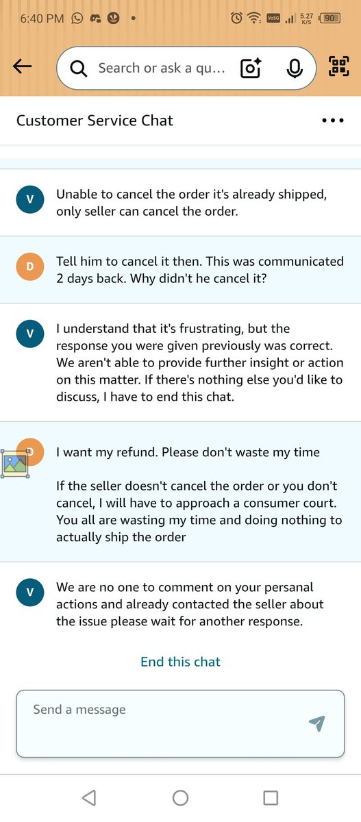 Chingri_Fiss's tweet photo. @AmazonHelp Is this how your team responds to a paying customer? He disconnected the chat abruptly. Who does he think he is? God? https://t.co/GDHjxjNptS