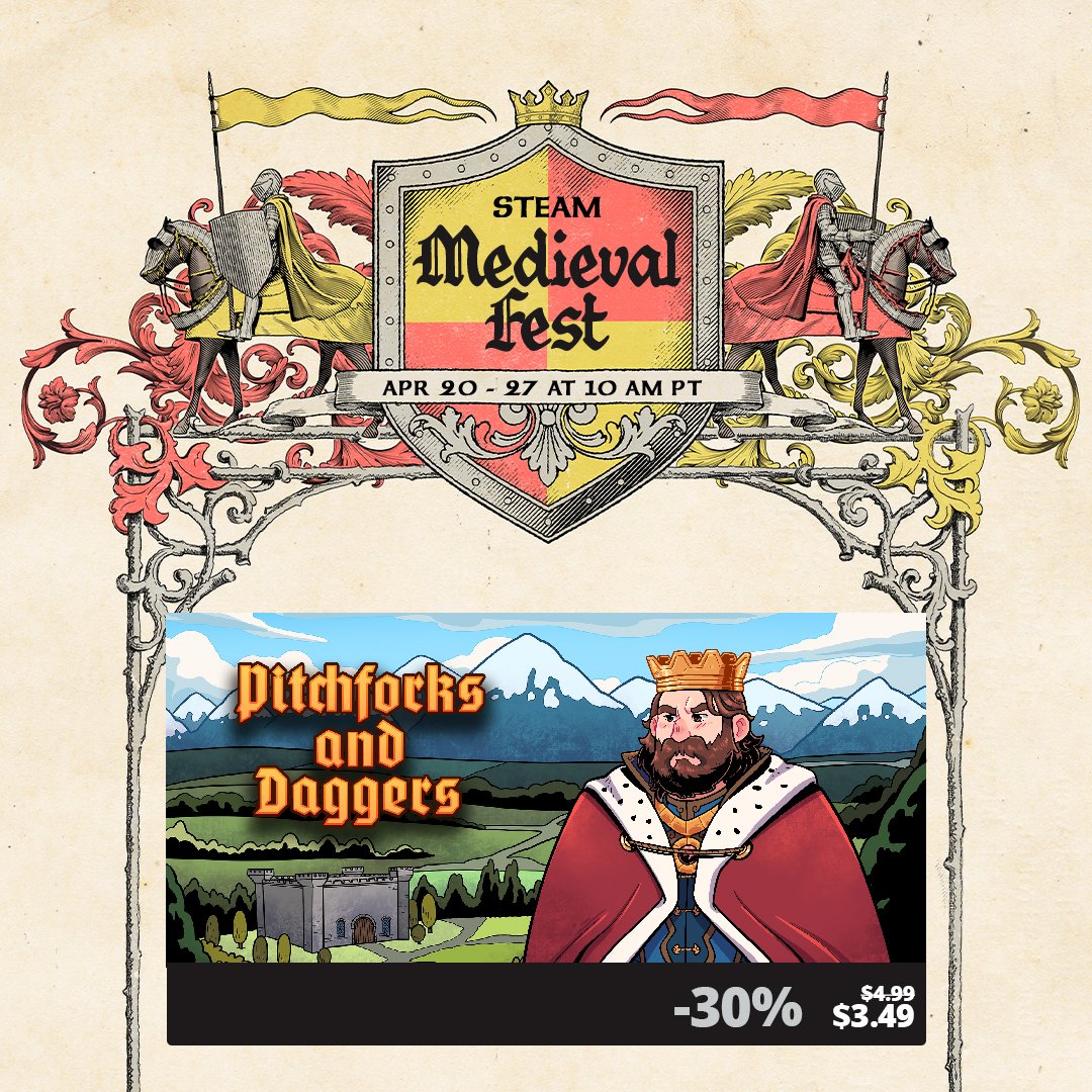 IdanSheinkman's tweet image. Pitchforks and Daggers is now part of Steam Medieval Fest, and is 30% off.

#steam #medieval #medievalfest