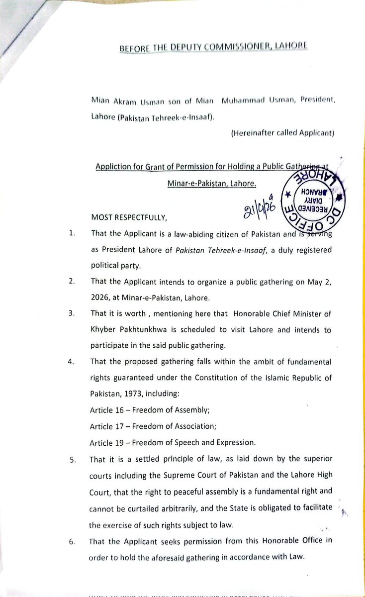 Bhatties68's tweet image. پاکستانتحریک انصاف لاہور کے صدر میاں اکرم عثمان کی جانب سے 2 مئی کو مینار پاکستان گراؤنڈ میں جلسے کے لیے درخواست ڈی سی لاہور کو جمع کروادی گئی۔
@akramusman_PTI #Pti #Jalsa #Lahore