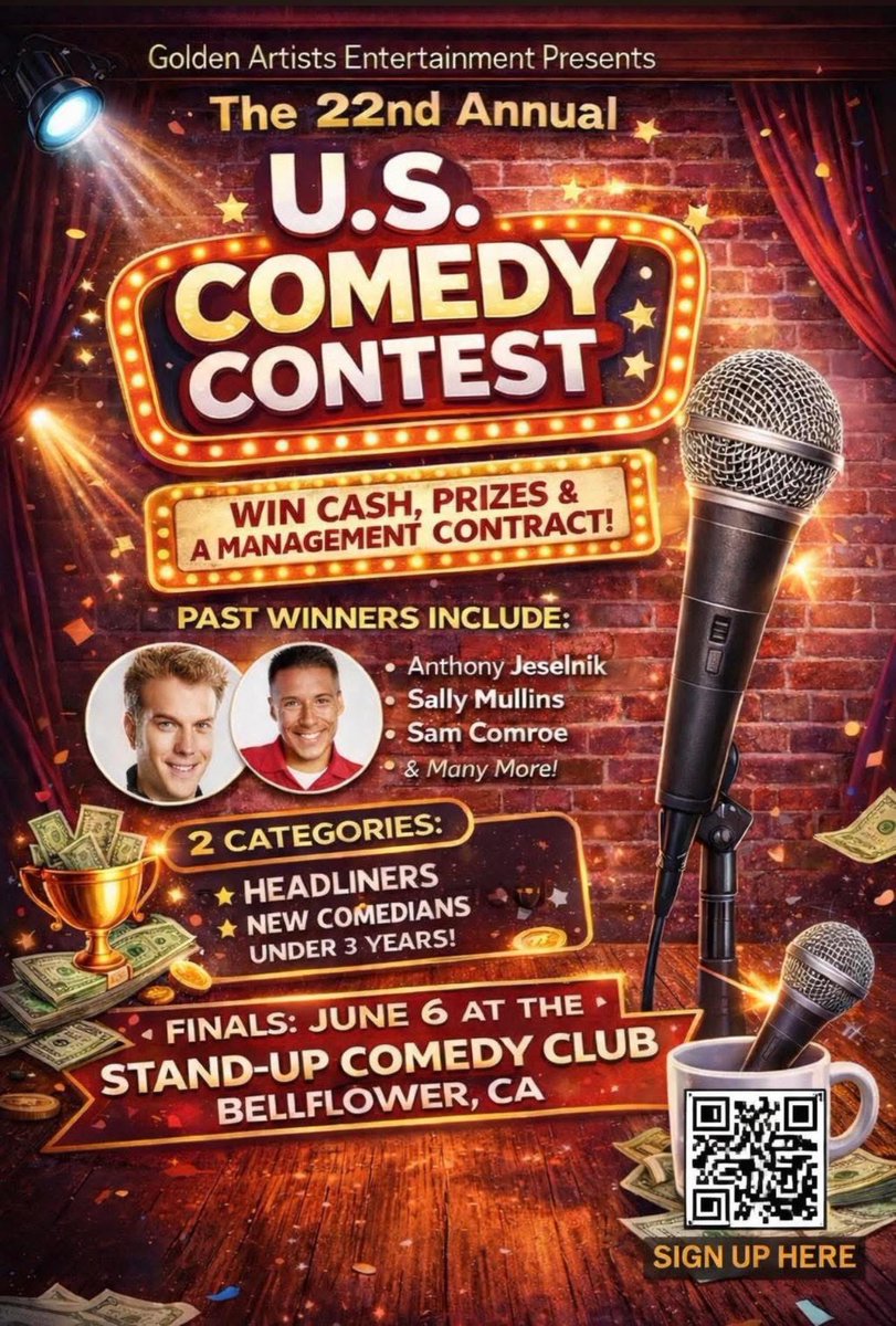 uscomedycontest's tweet photo. Comedians,

Only 9 days left to sign up!!!!

THE 22ND U.S. COMEDY CONTEST is back in Los Angeles! SIGN UP NOW!! 

Win cash, prizes and a one year management contract! 

The contest takes place live in LA on June 6th! 

https://t.co/xyN44vHpGR https://t.co/DroS5Qgyv5