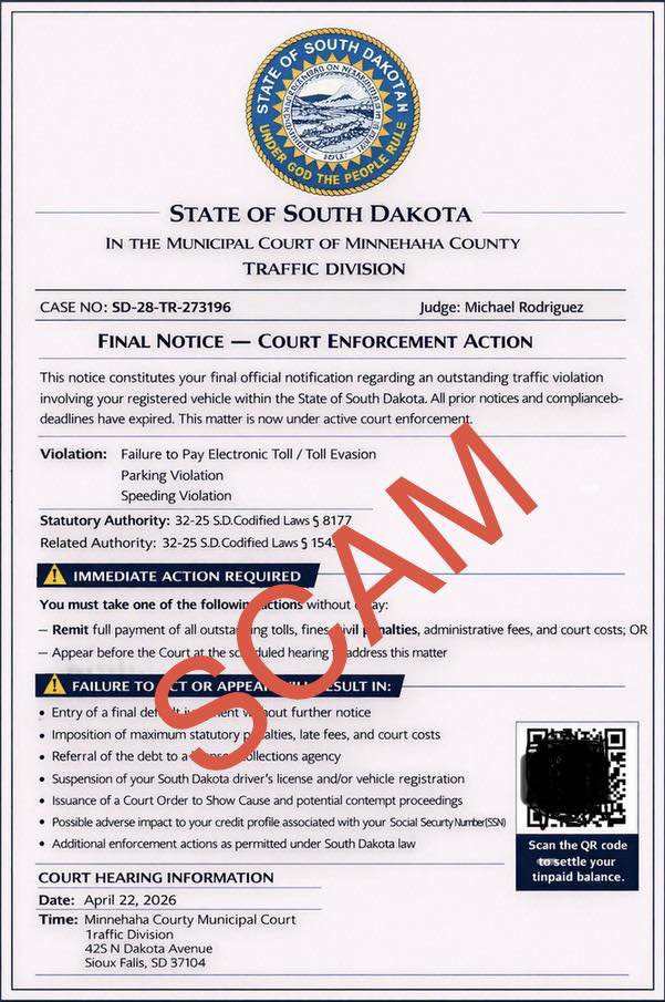 **Scam Alert - Fake Court Notice** This document is being widely spread through Minnehaha County via text. Please share to warn others. Scammers rely on panic and urgency. Stay informed, protect yourself.