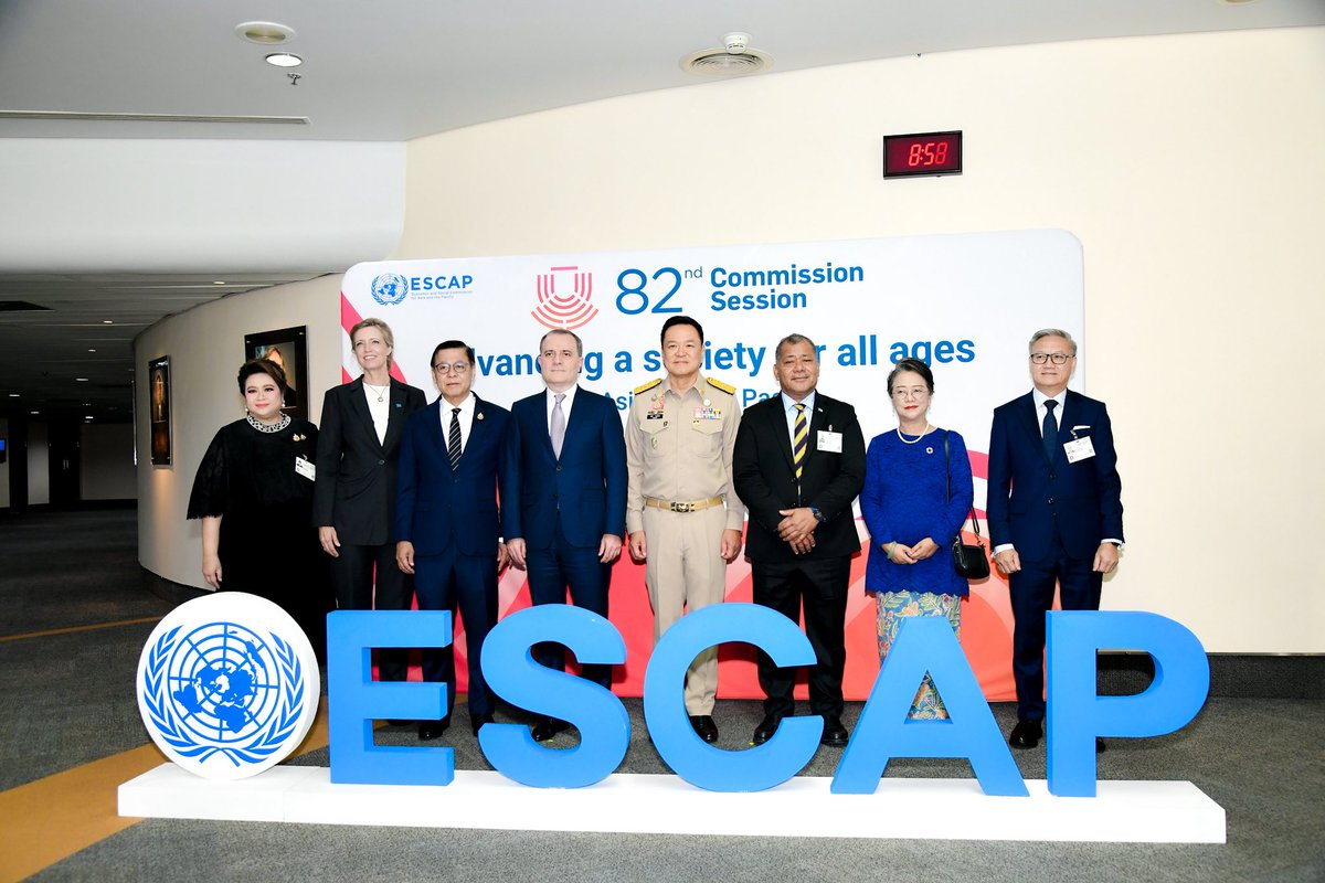 MFAThai's tweet photo. DPM/FM @SihasakPh joined PM’s delegation at the 82nd Session of #ESCAP and delivered Thailand’s statement at the General Debate, highlighting resilience and investing in the future, inclusive digital and green transitions, sustainable finance, developing carbon market, and South-South and triangular coop. to advance a sustainable future and achieve net-zero emissions by 2050. (20 Apr 2026)