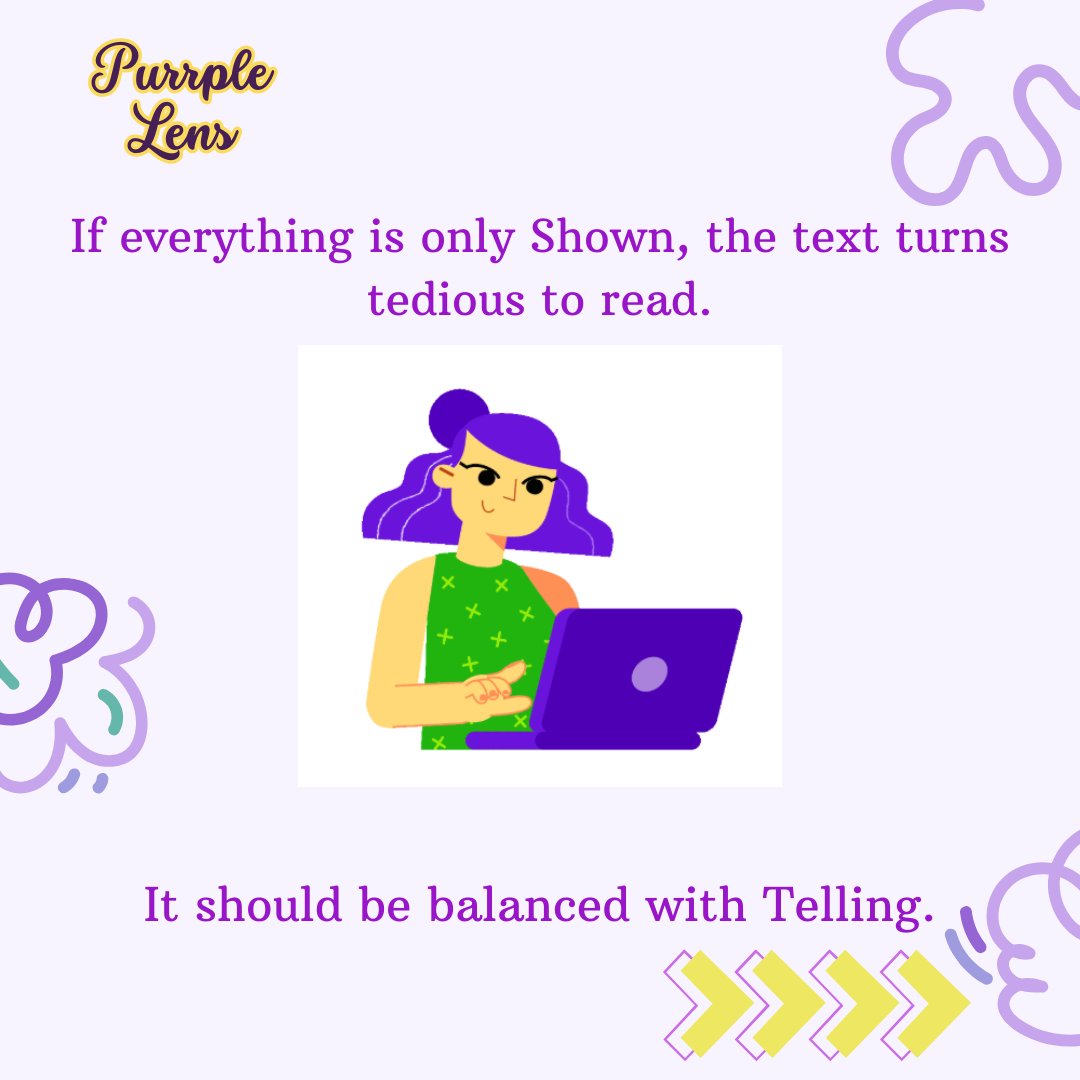 PurrpleLens's tweet photo. ✨ But if misused or overused, your prose turns lethargic and borders on being boring.
#BetaReading #WritingCommunity #PurrpleLens #ManuscriptEvaluation #ShowDontTell #WritingMyth https://t.co/y5IrjsOE1U