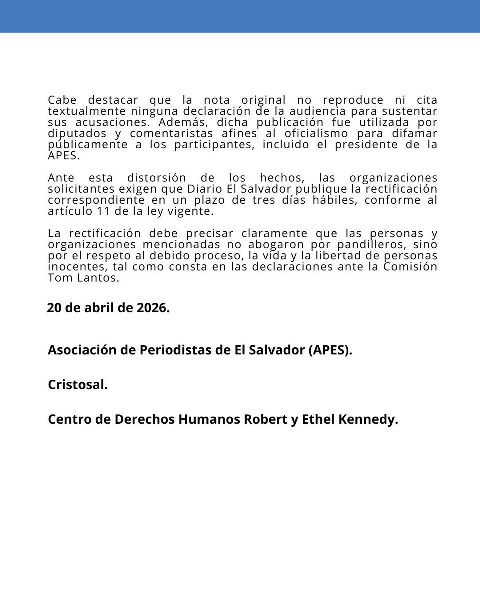 🔴 La <a href="/apeselsalvador/">APES</a>, <a href="/Cristosal/">Cristosal</a> y <a href="/Kennedy_HRC/">Robert & Ethel Kennedy Human Rights Center</a> solicitaron a Diario <a href="/elsalvador/">Diario El Salvador</a>, el medio de propaganda del Gobierno de Bukele financiado por fondos públicos, rectificar una nota del 17 de abril de 2026, firmada por el redactor David Carpio que "afirma erroneamente que