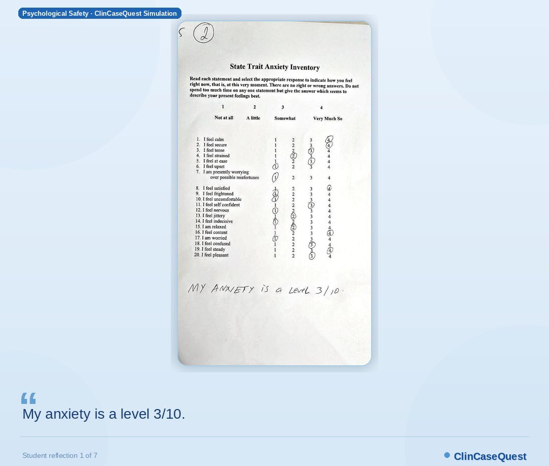 ClinCaseQuest's tweet photo. 💬 Key words from students’ open feedback after completing simulations in ClinCaseQuest  (as part of a psychological safety study conducted in collaboration with Kyiv Medical University):

🩵 calm — emotionally balanced, composed  💪 confident — confident in their knowledge  😊 relaxed — reduced tension, more at ease  🌟 capable — feeling competent  ��� motivated — inspired to continue learning  😌 less anxious — reduced anxiety  🙂 happy — satisfied with the outcome  🕰️ patient — attentive, composed  📚 confident in my knowledge — increased self-confidence in knowledge  ➡️ more confident to continue — readiness to move forward  💡 hopeful for the future — optimism and belief in personal growth
📌 These words did not appear by chance:  students were asked only to complete standardized scales (K10, STAI-S),  yet some of them voluntarily added their own reflections and thoughts.

🌿 This is a direct reflection of the impact of ClinCaseQuest simulation:  less anxiety → more calmness, confidence, and internal stability

📊 These qualitative insights align with the quantitative findings of the study:  after the simulation, levels of state anxiety decrease,  while students demonstrate increased confidence in their knowledge.

💡 We describe this as the  phenomenon of anxiety reduction after simulation in ClinCaseQuest —  an effect identified through our joint educational research.

📌 The study was conducted in collaboration with Kyiv Medical University as part of a joint research project under the scientific supervision of Iryna Avramenko and Mariia Yartseva.

🚀 At ClinCaseQuest, we create an environment  where learning becomes experience,  and experience becomes a source of confidence.

#ClinCaseQuest #SimulationBasedLearning #MedicalEducation #PsychologicalSafety #DefragmentedDebriefing #Innovation #AnxietyReduction #AIinMedicine #UkraineInScience