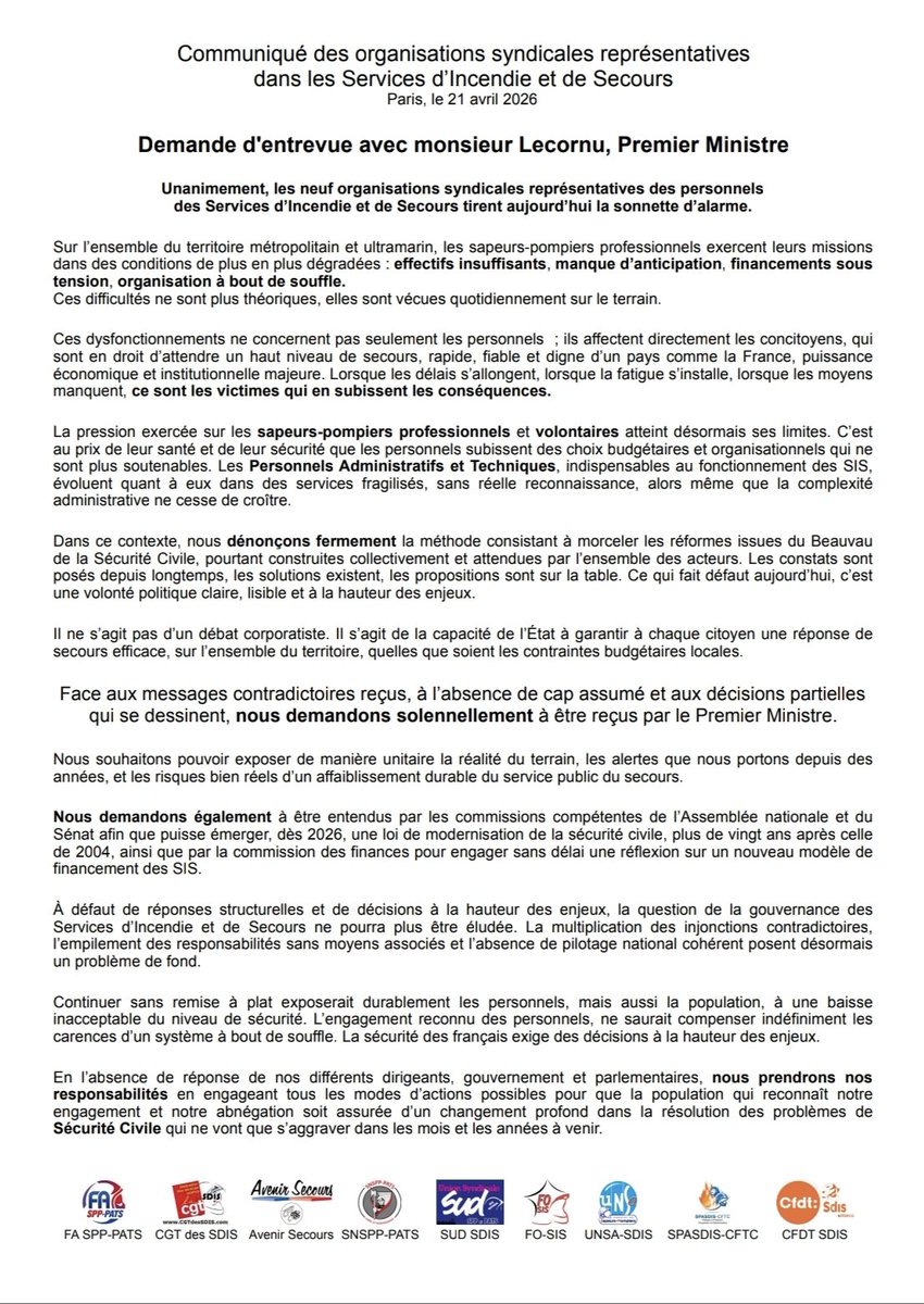 Les 9 Organisations syndicales des personnels des SIS alertent sur des conditions de + en + dégradées et les conséquences 

Nous demandons à être reçus par le 1er Ministre