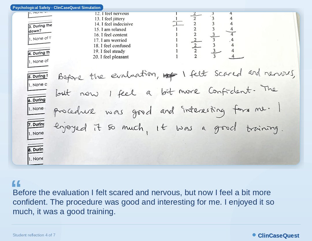 ClinCaseQuest's tweet photo. 💬 Key words from students’ open feedback after completing simulations in ClinCaseQuest  (as part of a psychological safety study conducted in collaboration with Kyiv Medical University):

🩵 calm — emotionally balanced, composed  💪 confident — confident in their knowledge  😊 relaxed — reduced tension, more at ease  🌟 capable — feeling competent  ��� motivated — inspired to continue learning  😌 less anxious — reduced anxiety  🙂 happy — satisfied with the outcome  🕰️ patient — attentive, composed  📚 confident in my knowledge — increased self-confidence in knowledge  ➡️ more confident to continue — readiness to move forward  💡 hopeful for the future — optimism and belief in personal growth
📌 These words did not appear by chance:  students were asked only to complete standardized scales (K10, STAI-S),  yet some of them voluntarily added their own reflections and thoughts.

🌿 This is a direct reflection of the impact of ClinCaseQuest simulation:  less anxiety → more calmness, confidence, and internal stability

📊 These qualitative insights align with the quantitative findings of the study:  after the simulation, levels of state anxiety decrease,  while students demonstrate increased confidence in their knowledge.

💡 We describe this as the  phenomenon of anxiety reduction after simulation in ClinCaseQuest —  an effect identified through our joint educational research.

📌 The study was conducted in collaboration with Kyiv Medical University as part of a joint research project under the scientific supervision of Iryna Avramenko and Mariia Yartseva.

🚀 At ClinCaseQuest, we create an environment  where learning becomes experience,  and experience becomes a source of confidence.

#ClinCaseQuest #SimulationBasedLearning #MedicalEducation #PsychologicalSafety #DefragmentedDebriefing #Innovation #AnxietyReduction #AIinMedicine #UkraineInScience