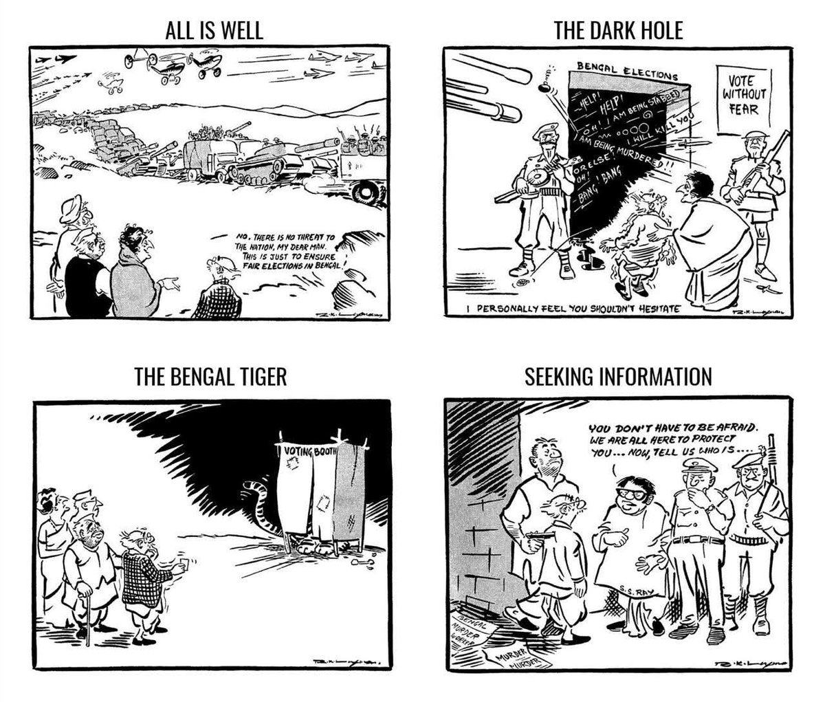 Motabhaigujratw's tweet image. The 1971 West Bengal elections in four cartoons by RK Laxman.  Looks like , things haven't changed !😅🫢

RK Laxman’s work reflects enduring issues—time has passed, but the questions remain relevant.

Now time has changed..🚩💯🤙🏻

#WestBengalelaction 
#RKLaxman #Cartoons 
#4thMay