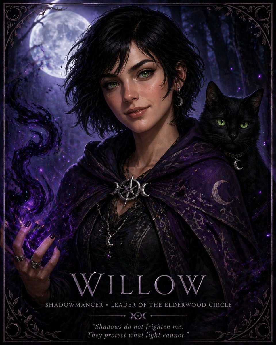ErnaWeissman's tweet photo. Meet Willow, protagonist of my upcoming fantasy project The Elderwood Circle.

A kind-hearted shadowmancer who uses darkness to protect what light cannot.

Inspired by my black cat. 🐈‍⬛

More reveals soon.

#WritingCommunity #Fantasy #IndieAuthor #AmWriting #TheElderwoodCircle https://t.co/OTQ4SIbCft
