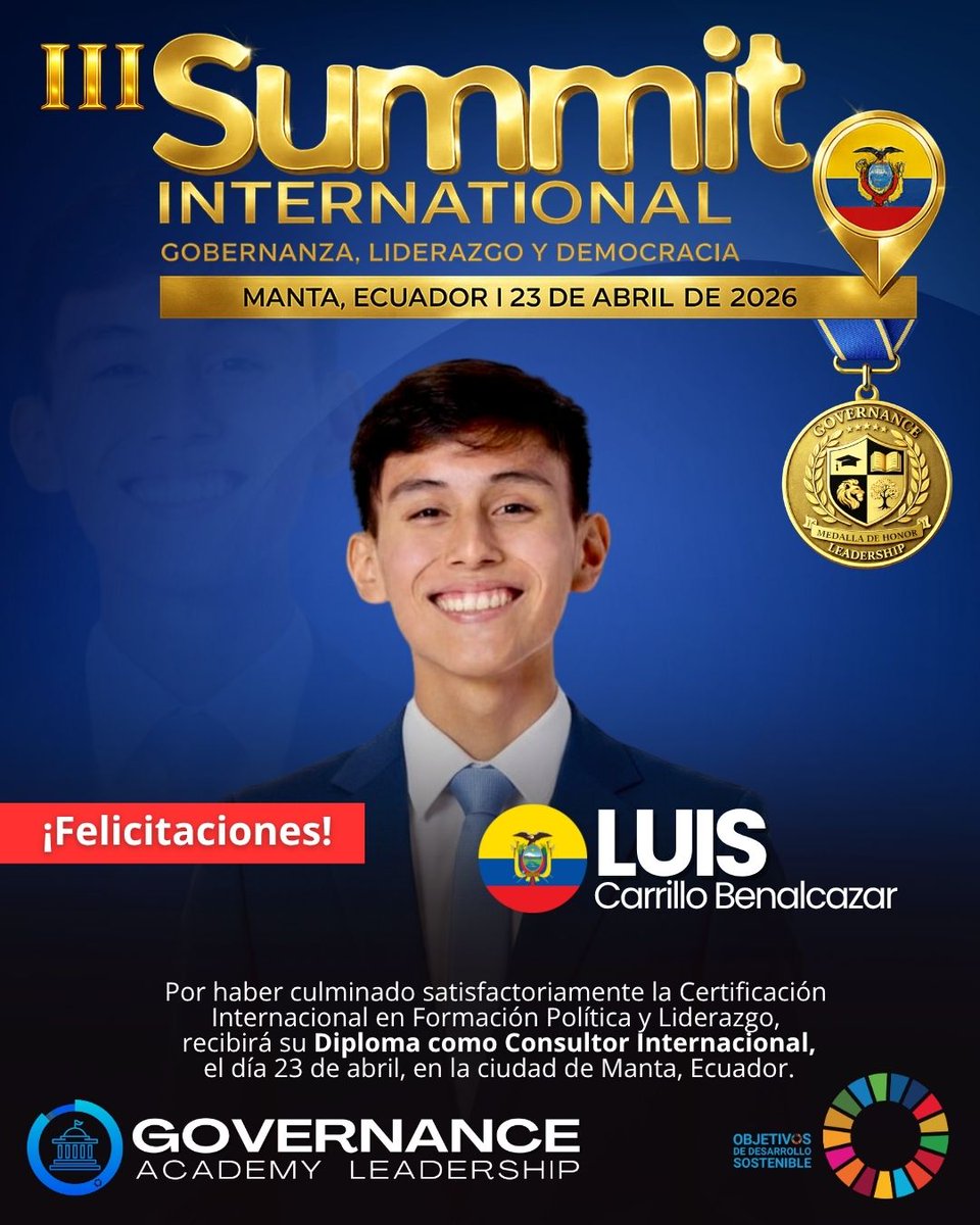 🏛️ 𝐁𝐢𝐞𝐧𝐯𝐞𝐧𝐢𝐝𝐨 𝐋𝐮𝐢𝐬 𝐌𝐚𝐭𝐡𝐞𝐨 𝐂𝐚𝐫𝐫𝐢𝐥𝐥𝐨 𝐁𝐞𝐧𝐚𝐥𝐜𝐚𝐳𝐚𝐫 🇪🇨 a la 𝐂𝐞𝐫𝐞𝐦𝐨𝐧𝐢𝐚 𝐎𝐟𝐢𝐜𝐢𝐚𝐥 🎓

Un reconocimiento a tu esfuerzo, liderazgo y formación en gobernanza. 🌍
Conéctate, crece y sé parte de una red internacional de líderes.