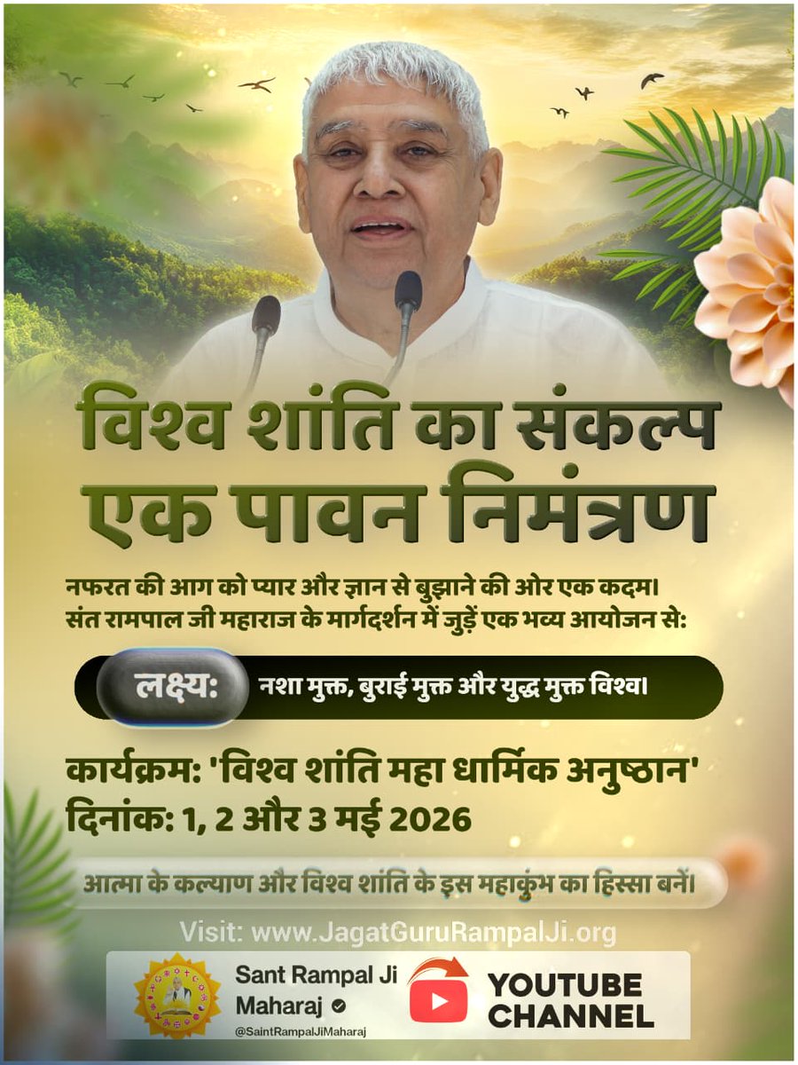 #विश्वशांतिकेलिए_महाअनुष्ठान
Guidance of Sant RampalJi
विश्व शांति महा धार्मिक अनुष्ठान
संतों की वाणी और भविष्यवाणियाँ यही संकेत देती हैं कि तत्वज्ञान से ही विश्व में स्थायी शांति आएगी।विश्व शांति महा धार्मिक अनुष्ठान से जुड़ें
1, 2, 3 मई 2026