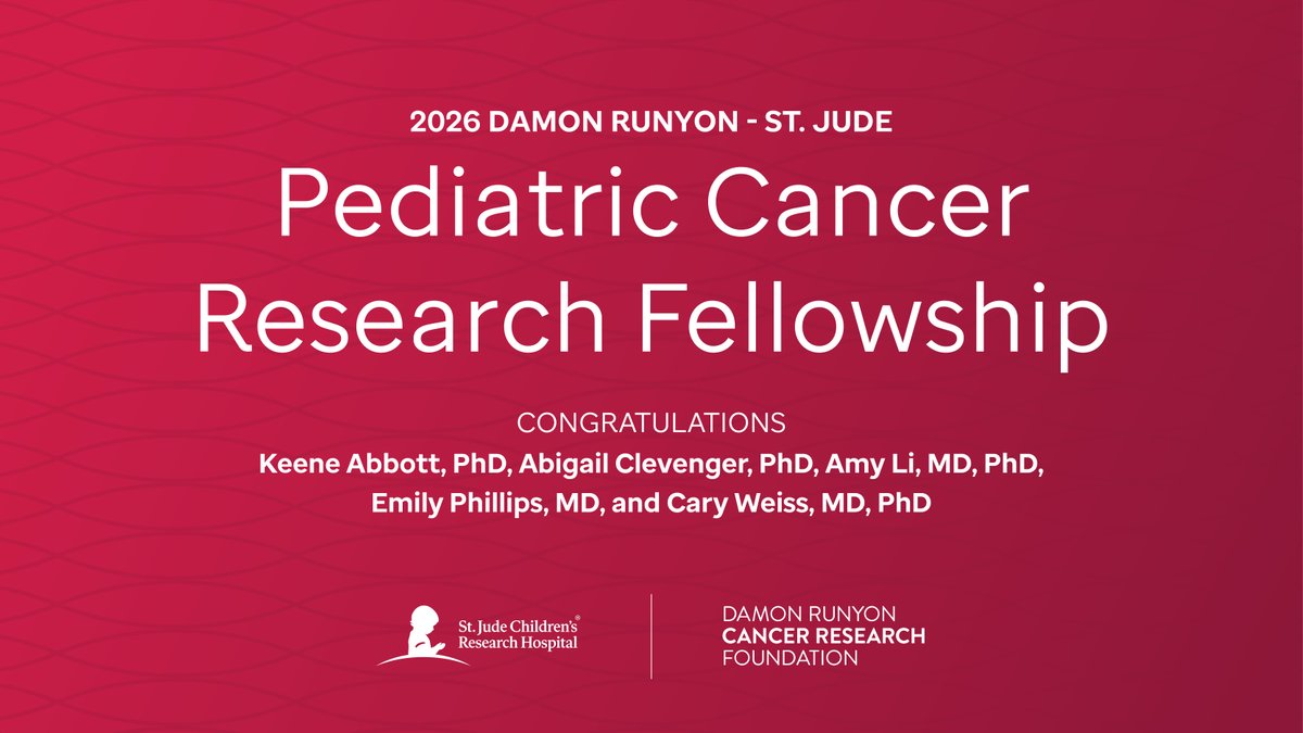 StJudeResearch's tweet photo. St. Jude and the Damon Runyon Cancer Research Foundation awarded the 2026 fellowships to a class of early-career researchers. Five investigators will receive four years of funding to pursue innovative projects in pediatric cancer research. https://t.co/OERY0oX7S1 https://t.co/fYiZBFYKJ1