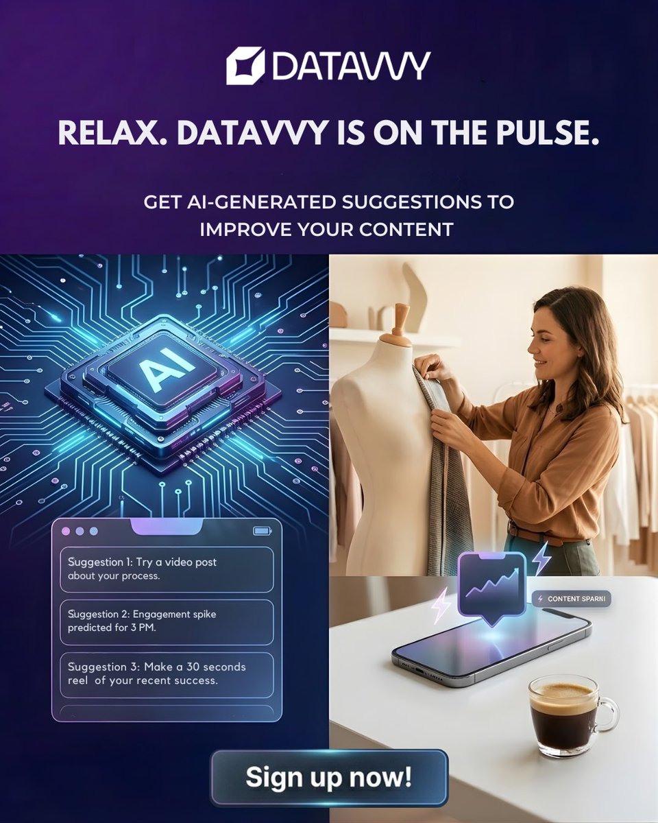 Datavvy's tweet image. Stop guessing, start growing. 📈

Datavvy’s AI-generated suggestions take the friction out of your content plan by predicting engagement spikes and suggesting high-impact formats in real-time.

Get on the pulse. Sign up today. 👇

#MarTech #DataDriven #ContentStrategy #Datavvy
