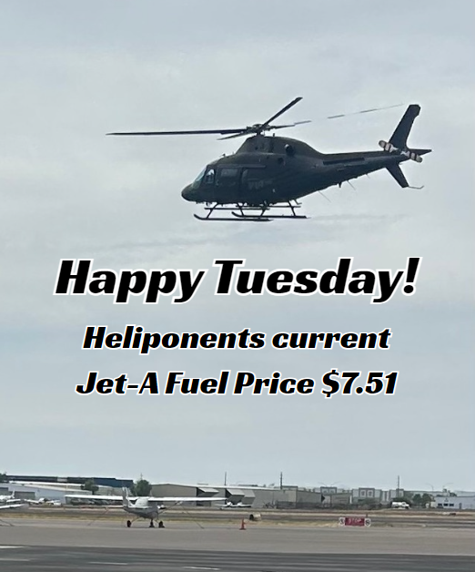 Heliponents's tweet photo. Happy Tuesday!
Heliponents Current Jet-A Fuel Price is $7.51 https://t.co/52nxSYh1rS