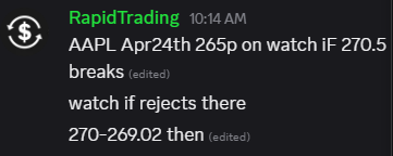 RapidTrading's tweet image. $AAPL 272.5 rejected and 270 support break we got cont lower. All from our #premarket detailed game plan 

$AAPL Apr24th 265p 50% 

$AAPL 267.9 possible test 

rapidradinggroup.com

Join us dont and get the best plays each day. ALways live guidance as well. You can learn a