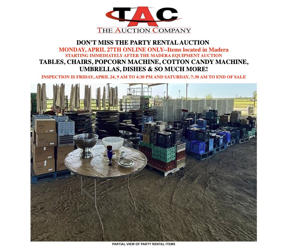 TACauctionco's tweet image. 🚜 MADERA AUCTION 🚜

📍 19458 Road 21, Madera, CA
🛠 Inspect: April 24–25
⏳ Closing: Monday, April 27 @ 10 AM
✅ Register at theauctioncompany.net
💳 $1,000 refundable deposit required
🏗 Sold “AS IS”

Bid early online! 💻
#Auction #Madera #Equipment