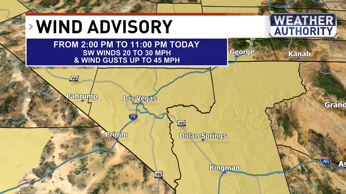 ChloeKoast's tweet image. Locally, a WIND ADVISORY will be in effect from 2:00 pm to 11:00 pm today in Clark County for sustained south winds 20-30 mph and wind gusts around 45 mph. Higher wind speeds 50-60 mph will be possible in the mountains. #LasVegas #Wind
