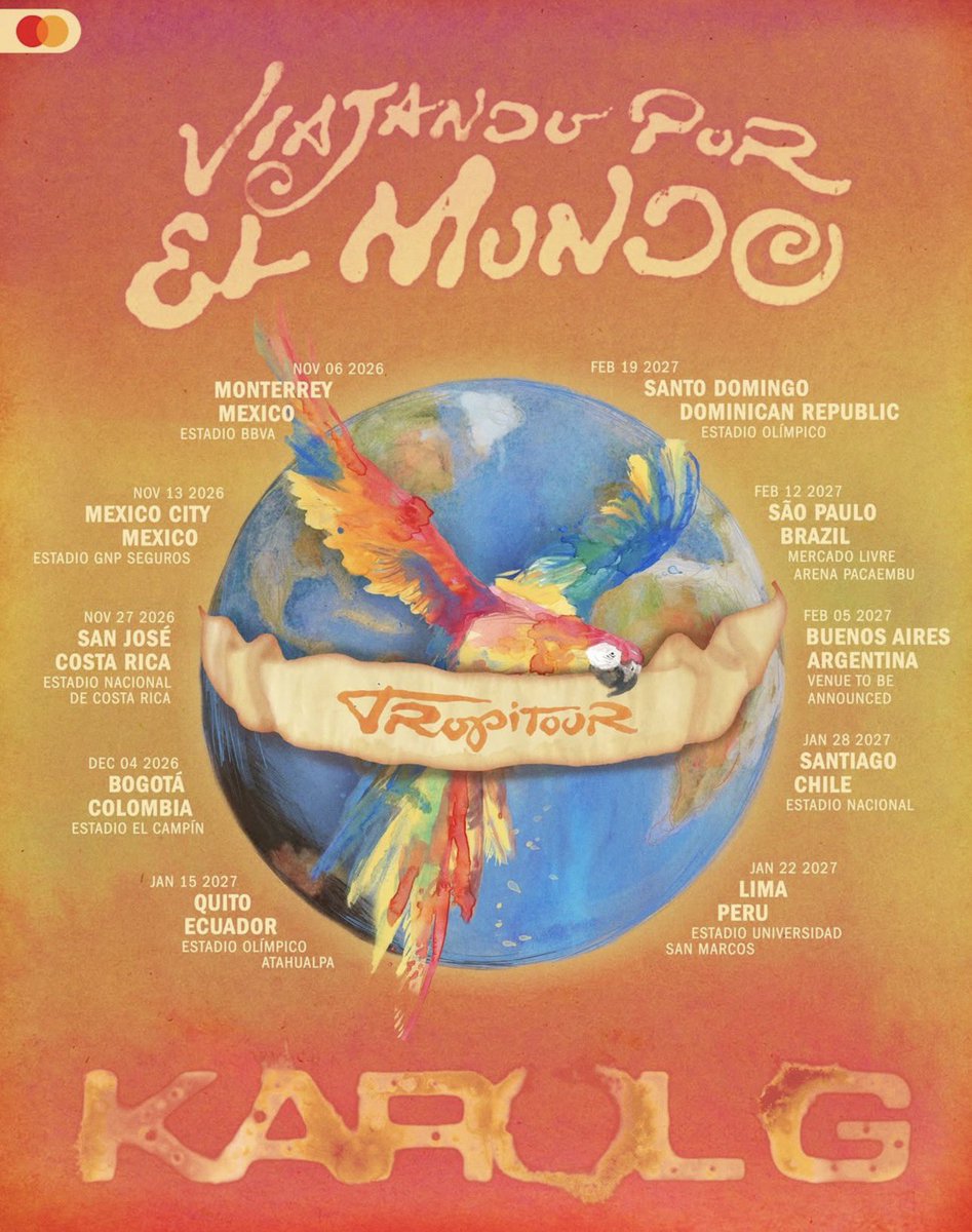 🚨 KAROL G NO BRASIL! 🇨🇴🇧🇷

A cantora irá se apresentar em São Paulo no dia 12 de fevereiro de 2027, com a "Viajando Por El Mundo – Tropitour", na Mercado Livre Arena Pacaembu.