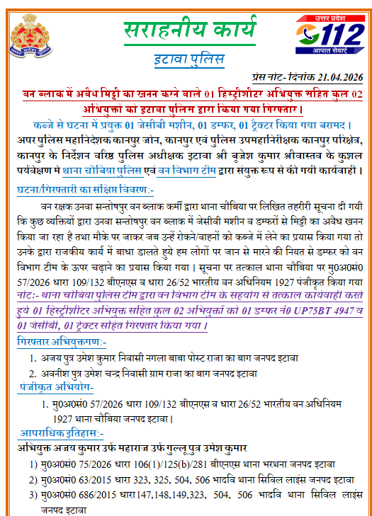 etawahpolice's tweet image. #Etawahpolice
#GoodWork  
वन ब्लाक में अवैध मिट्टी का खनन करने वाले 01 हिस्ट्रीशीटर अभियुक्त सहित कुल 02 अभियुक्तों को इटावा पुलिस द्वारा किया गया गिरफ्तार । SSP इटावा के निर्देशन में थाना चौबिया पुलिस द्वारा की गयी कार्यवाही ।