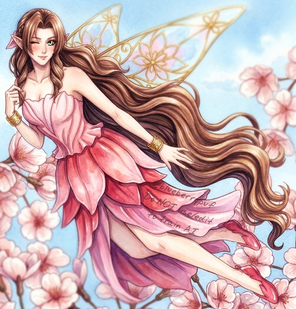 Springtime magic meets the last Cetra. Reimagined #Aerith Gainsborough as a delicate floral fairy floating through the cherry blossoms. 

If #エアリス were to hand you a spring flower that perfectly matched your vibe, which one would it be?