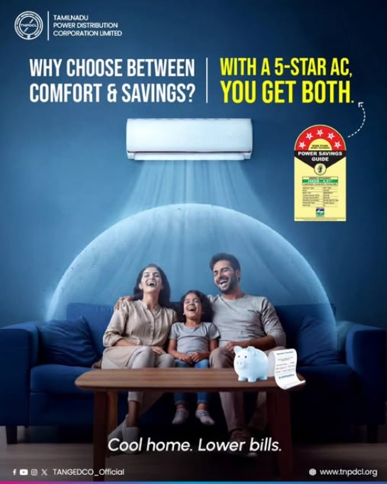 TANGEDCO_Offcl's tweet image. Cool comfort, low power bills, and a room that chills in minutes ❄️ 5-star AC = smart cooling that saves energy without compromising performance. Upgrade your summers. Upgrade your comfort. 🌿

#TANGEDCO #PowerSmart #EnergyEfficiency #SaveElectricity #SmartCooling #5StarAC