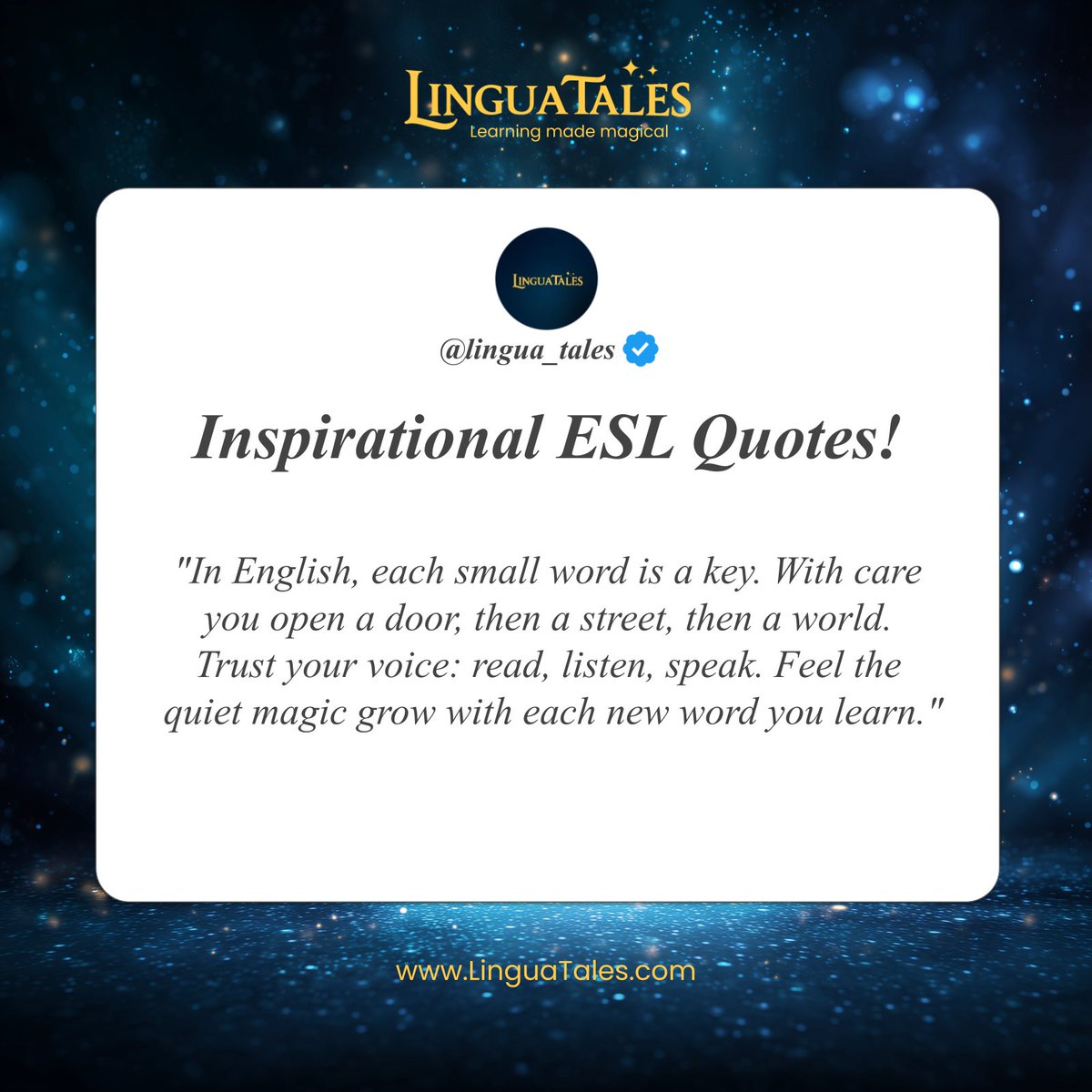 Lingua_Tales's tweet image. Motivational quote of the day to inspire your children to enjoy learning English and grow in confidence every single day. #english