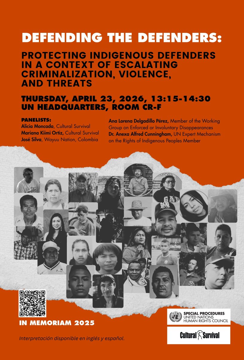 WGEID's tweet photo. #DefendingtheDefenders
Join @analorenadp, from the the #WGEID on 23 April 2026 ( at 13:15–14:30) at the #UNHeadquarters in NY (Room CR-F) for a vital discussion on protecting Indigenous defenders facing escalating criminalization,  enforced disappearance, and other violence. https://t.co/uFjeV8fBDv