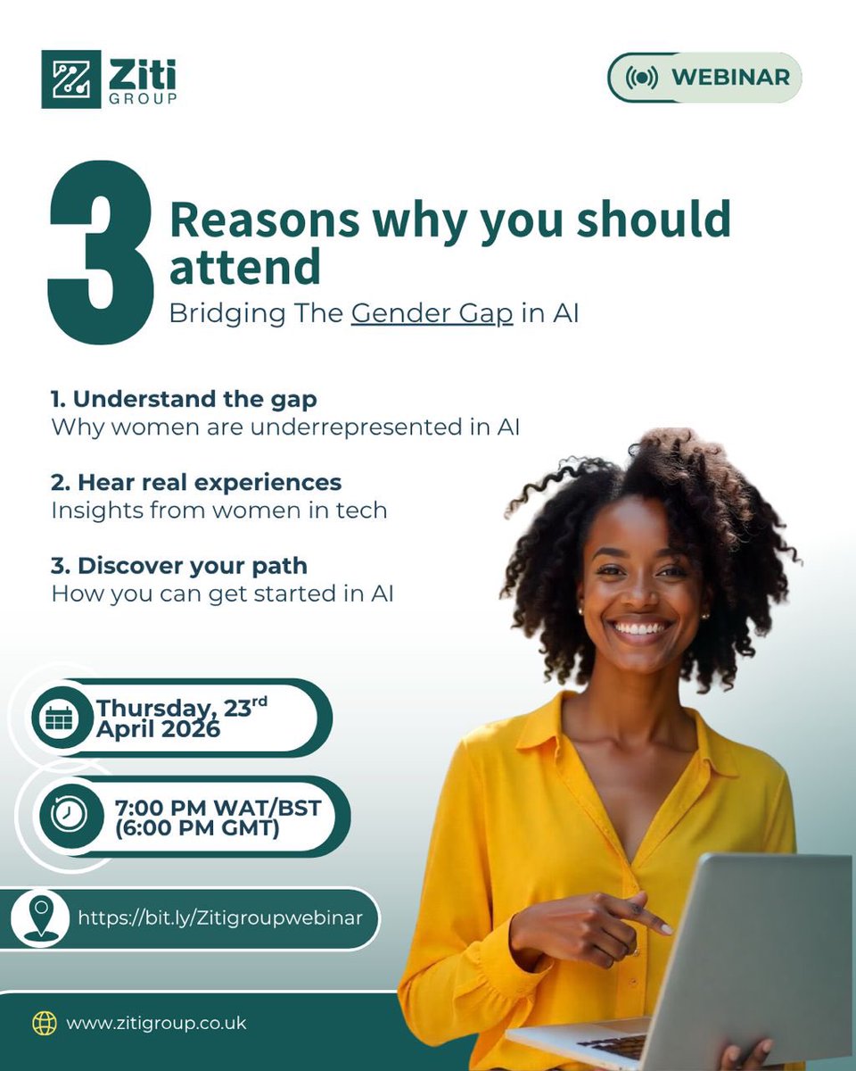 Zitigroup's tweet image. This isn’t just another webinar, it’s a conversation about the future of AI and why women must be part of it.

⏳ Join us this Thursday, 7pm(BST/WAT)
You don’t want to miss this!!

👉meet.google.com/kzs-agce-aid?h… 

#WomenInTech #WomenInAI #Webinar #GenderGap #ZitiAcademy #ZitiGroup