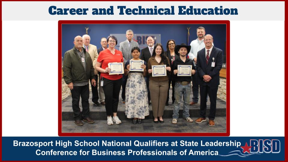 BrazosportISD's tweet image. At last night's meeting the BISD Board recognized @AlwaysExporter Business Professionals of America students for earning multiple top awards at the 2026 Texas BPA State Leadership Conference. Six students qualified for nationals on May 6-10. brazosportisd.net/news/what_s_ne… #FutureReady