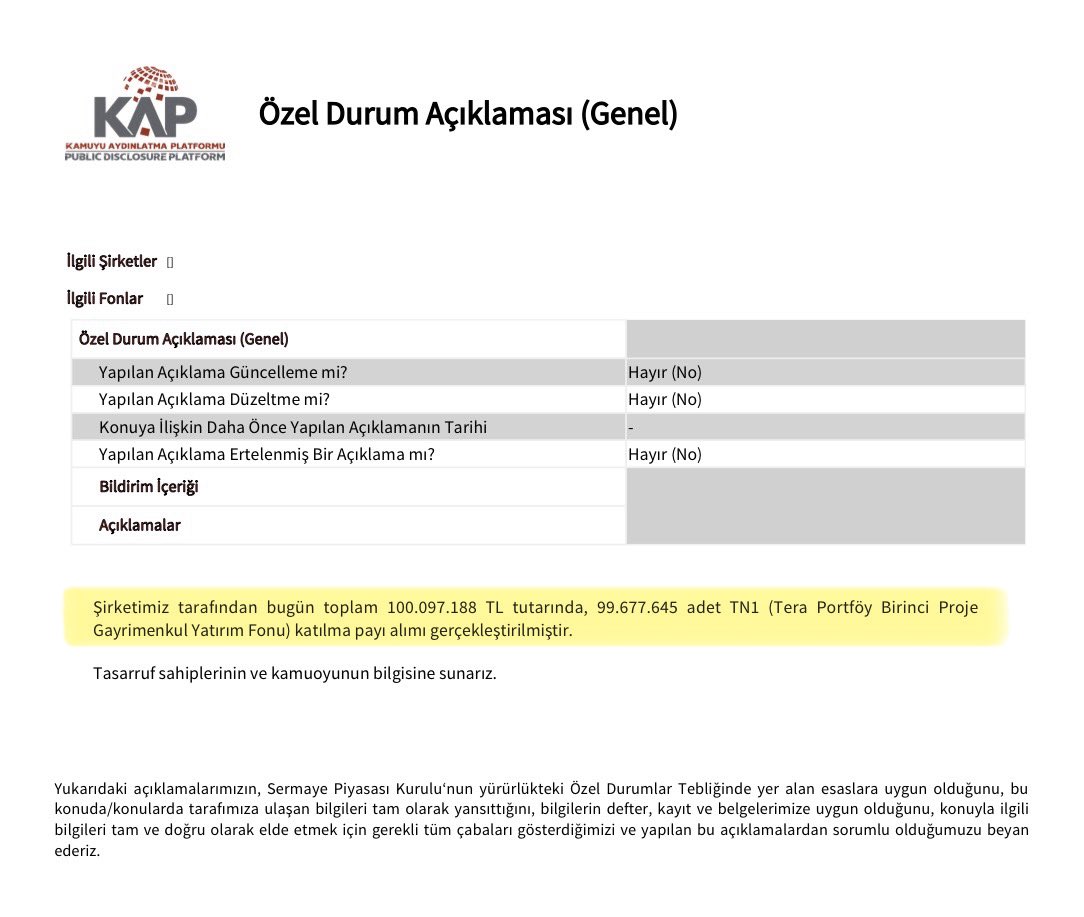 fonhunter's tweet image. 📢 #PEKGY KAP GELDİ 
(Özel Durum Açıklaması )

Şirketimiz tarafından bugün toplam 100.097.188 TL tutarında, 99.677.645 adet #TN1 (Tera Portföy Birinci Proje Gayrimenkul Yatırım Fonu) katılma payı alımı gerçekleştirilmiştir.