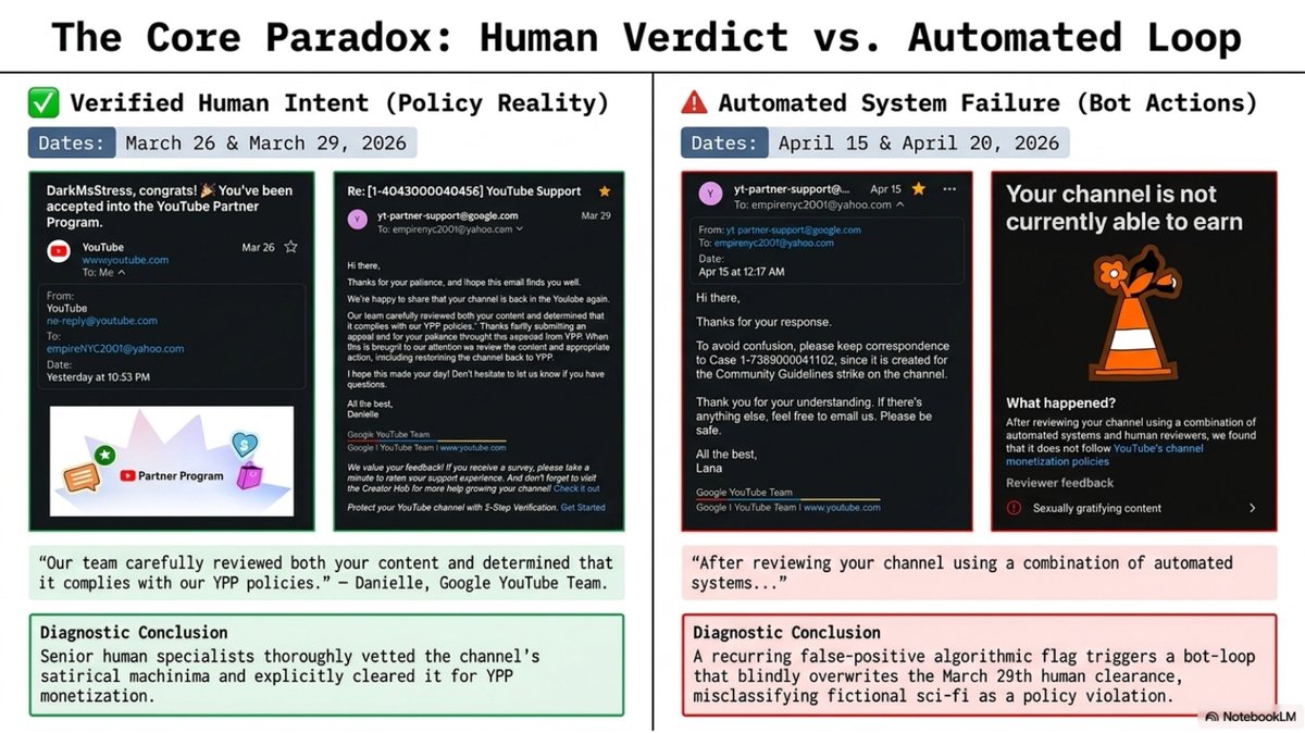 DarkMsStress's tweet photo. @TeamYouTube @DarkMsStress is caught in a Critical Bot-Loop (Case 1-7389000041102). A human specialist explicitly cleared my channel on March 29 (Case 2-5492000040768), but the automated system is overwriting the verdict without viewing my appeals. I need a Manual Safety Override https://t.co/8nBmfVKIfM