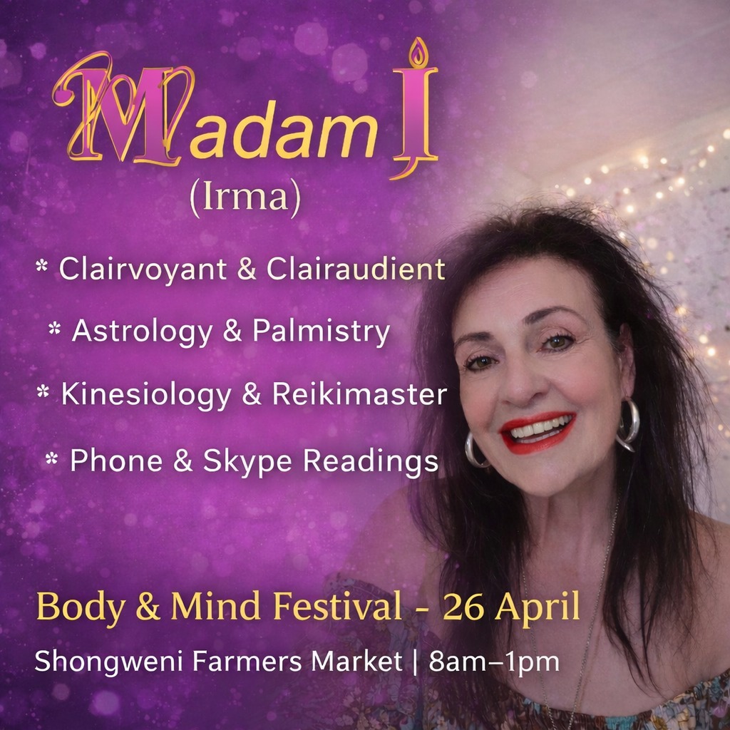 BodyandM's tweet photo. Irma, known as Madam I, will be at the Body &amp; Mind Festival on Sunday, 26 April at the Shongweni Farmers Market from 8am–1pm. With many years of experience, she offers intuitive readings, including clairvoyance, tarot &amp; palmistry, along with energy healing &amp; spiritual guidance. https://t.co/FEeb7oVOwq