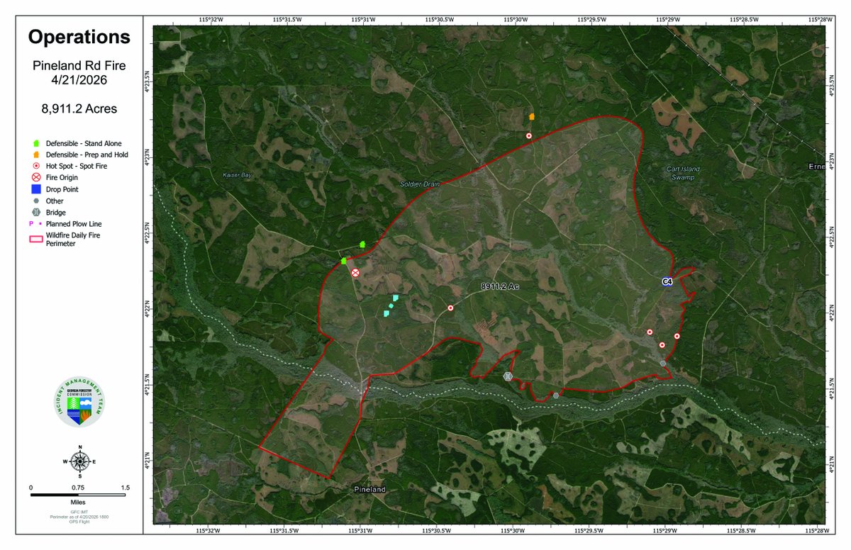 GaTrees's tweet image. 🔥 GA Wildfire Update:
• 46 new fires
• 1,080 acres burned

Pineland Rd Fire:
• 8,911 acres
• 10% contained

🚫 Stay out of fire areas
🚁 No drones — illegal &amp;amp; dangerous
📢 Follow local officials’ guidance

#EmergencyResponse #FirstResponders #WildfireUpdate