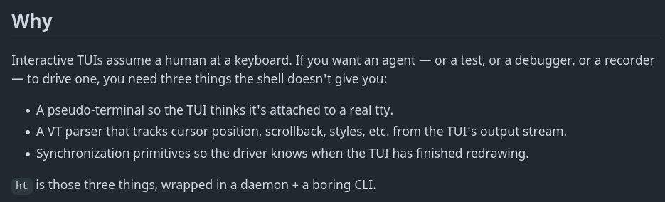 golangch's tweet image. A puppeteer for terminal UIs. Control Vim, Emacs, htop, Nethack, or any interactive TUI from the CLI (or an AI agent): launch it in a background session, send keystrokes, grab screen snapshots, and stream it live from another shell.
#golang

github.com/montanaflynn/h…