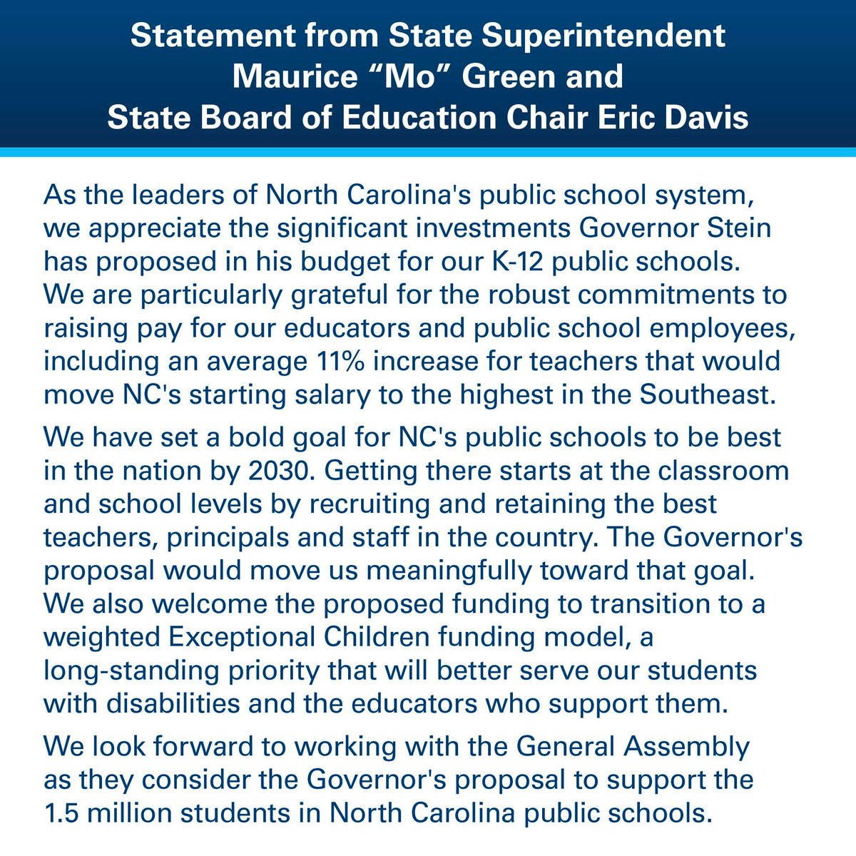 MoGreenNCDPI's tweet photo. Joint statement about Governor Josh Stein's budget #nced #ncpol https://t.co/YRM16CzQoL