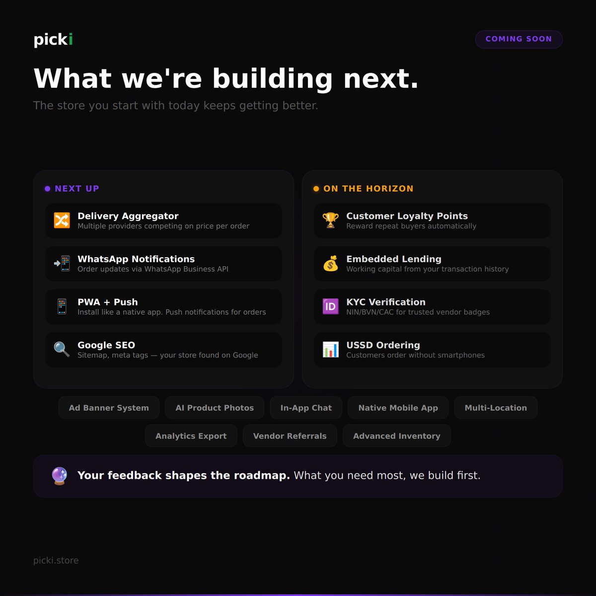 yourpickistore's tweet photo. #firstnigerianchallenge Picki is officially here as the first Nigerian AI-powered storefront.
Forget the long chats and "price in DM" era. Weโve built an intelligent system that understands the Nigerian hustle, finding you exactly what you need with the speed of light. https://t.co/83w1ktVoBH