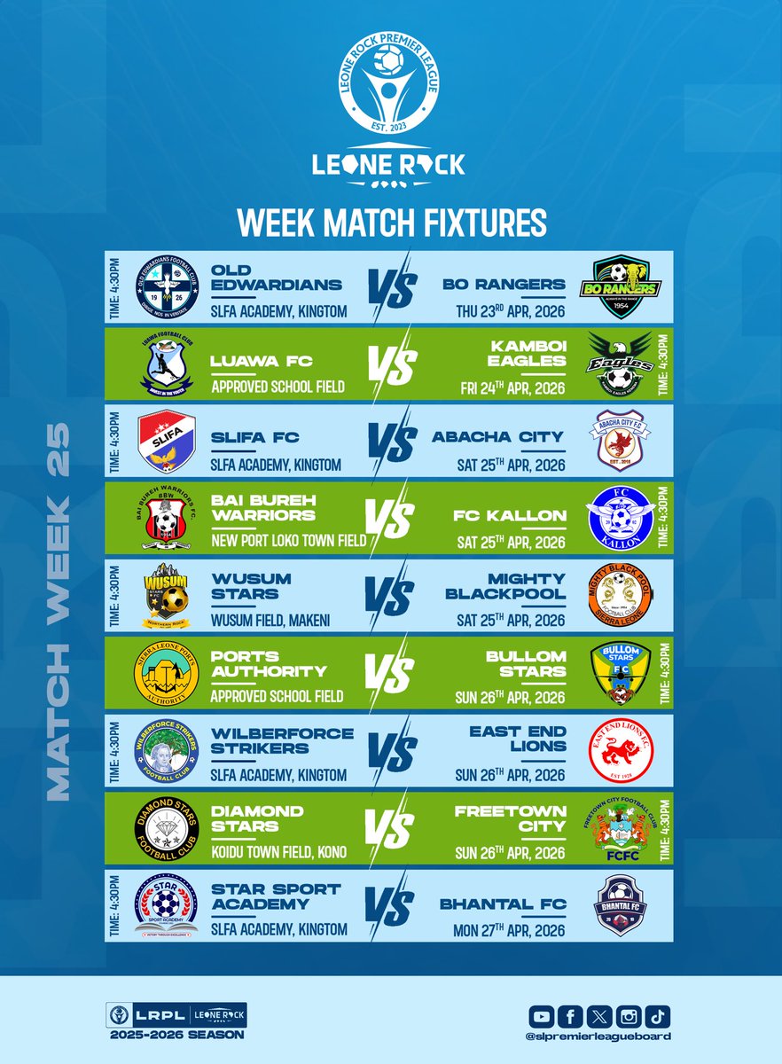 slplboard's tweet photo. Here’s a quick look at the MW25 fixture schedule in the Leone Rock Premier League.

A fresh round of action awaits &amp; there’s plenty to look forward to, with intriguing matchups and crucial points at stake across the board.

So tell us, which fixture are you circling already? 👀📆 https://t.co/nlJN8eUsSl