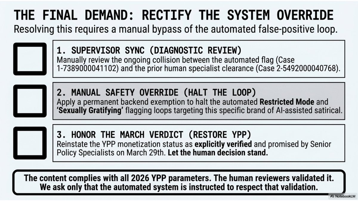 DarkMsStress's tweet photo. @TeamYouTube @DarkMsStress is caught in a Critical Bot-Loop (Case 1-7389000041102). A human specialist explicitly cleared my channel on March 29 (Case 2-5492000040768), but the automated system is overwriting the verdict without viewing my appeals. I need a Manual Safety Override https://t.co/8nBmfVKIfM