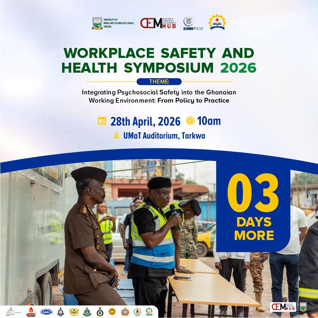 DEMHub_umat's tweet photo. 3 days to go.📌

One conversation that could redefine workplace safety in Ghana.
From policy to practice-are we ready?

📍 UMaT Auditorium, Tarkwa
🗓 28th April | ⏰ 10AM

#UMaTForSafety #DEMHuBForSafety #GoldFieldsForSafety #WorldDayForSafetyAndHealth https://t.co/vdsQQGfi2d