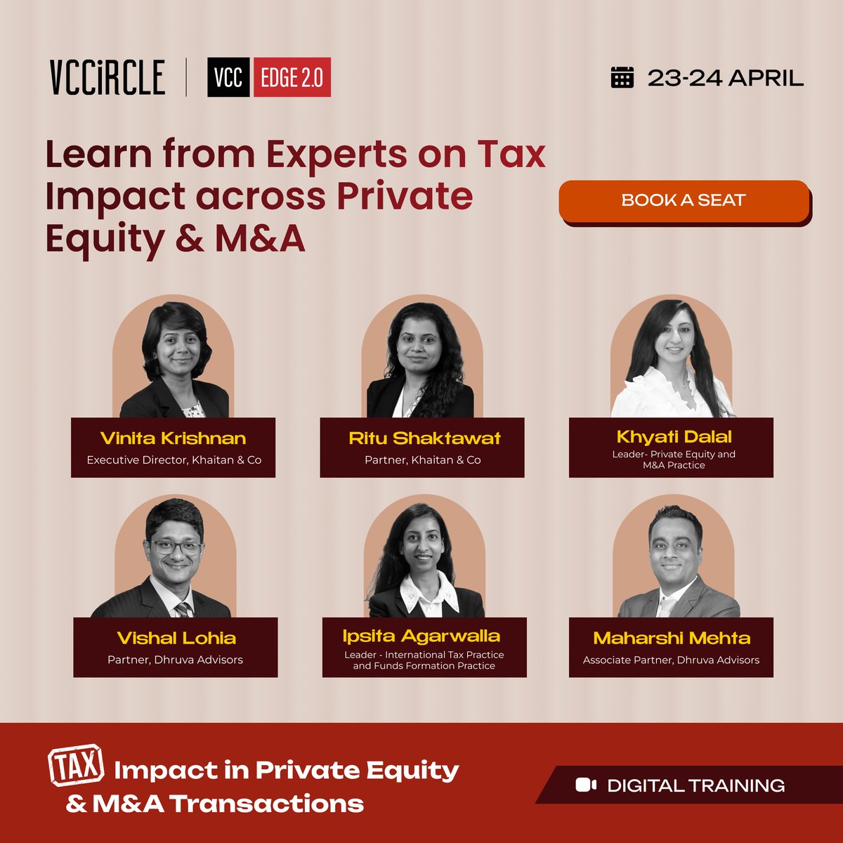 vccircle's tweet photo. As deal structures grow more sophisticated and regulatory frameworks evolve, the margin between a transaction that delivers and one that doesn't often comes down to decisions most professionals don't catch in time. VCCircle Tax Impact in Private Equity and M&A Transactions training brings together India's top tax practitioners to unpack the structures, strategies, and decisions shaping private equity and M&A transactions today.

Hear from a distinguished lineup of practitioners at the forefront of India's most consequential private market transactions— Ritu Shaktawat, Partner, Khaitan & Co, Vinita Krishnan, Executive Director, Khaitan & Co, Vishal Lohia, Partner, Dhruva Advisors India Pvt. Ltd., Maharshi Mehta, Associate Partner, Dhruva Advisors India Pvt. Ltd., Ipsita Agarwalla, Leader – International Tax Practice and Funds Formation Practice, Nishith Desai Associates, and Khyati Dalal, Leader – Private Equity and M&A Practice, Nishith Desai Associates, as they unpack the tax strategies defining private equity and M&A transactions in India today.

Registrations close tomorrow.

📅 23 to 24 April 2026 | Digital Training
Book your seat: https://t.co/s0hZwctp9U

#TaxStrategy #PrivateEquity #MergersAcquisitions #DealStructuring #FinanceProfessionals