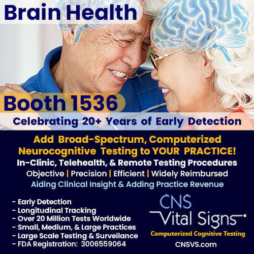 CNSVitalSigns's tweet image. Booth 1536 …Objective &amp;amp; Precise Computerized/Digital Neurocognitive Testing Procedure with Auto-Longitudinal Tracking for E&amp;amp;M Code 99483 #BrainHealth - #MCI – #EarlyDetection, MS, #Parkinsons, #Concussion, and more.
- In-Clinic, Remote &amp;amp; Telehealth Testing for added practice