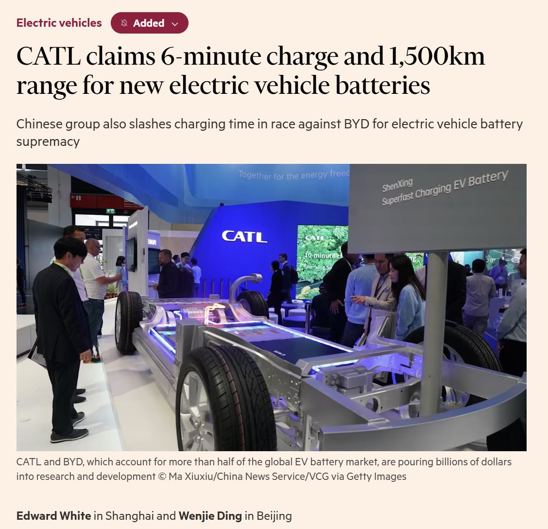 AssaadRazzouk's tweet photo. You can now drive an EV from London to Barcelona on a single charge. Think about that: CATL just unveiled a battery with a 1,500km range that charges in 6 minutes

That's:
>Faster than a coffee break
>Longer than almost any petrol tank
>The final nail in the "range anxiety" coffin

The fossil fuel dinosaurs and their media puppets are still out there peddling the lie that EVs aren't ready for prime time. They are lying to you to protect their dying profits.

The technology is here. The economics are settled. The electrification of everything is accelerating

https://t.co/igKXnGtxet