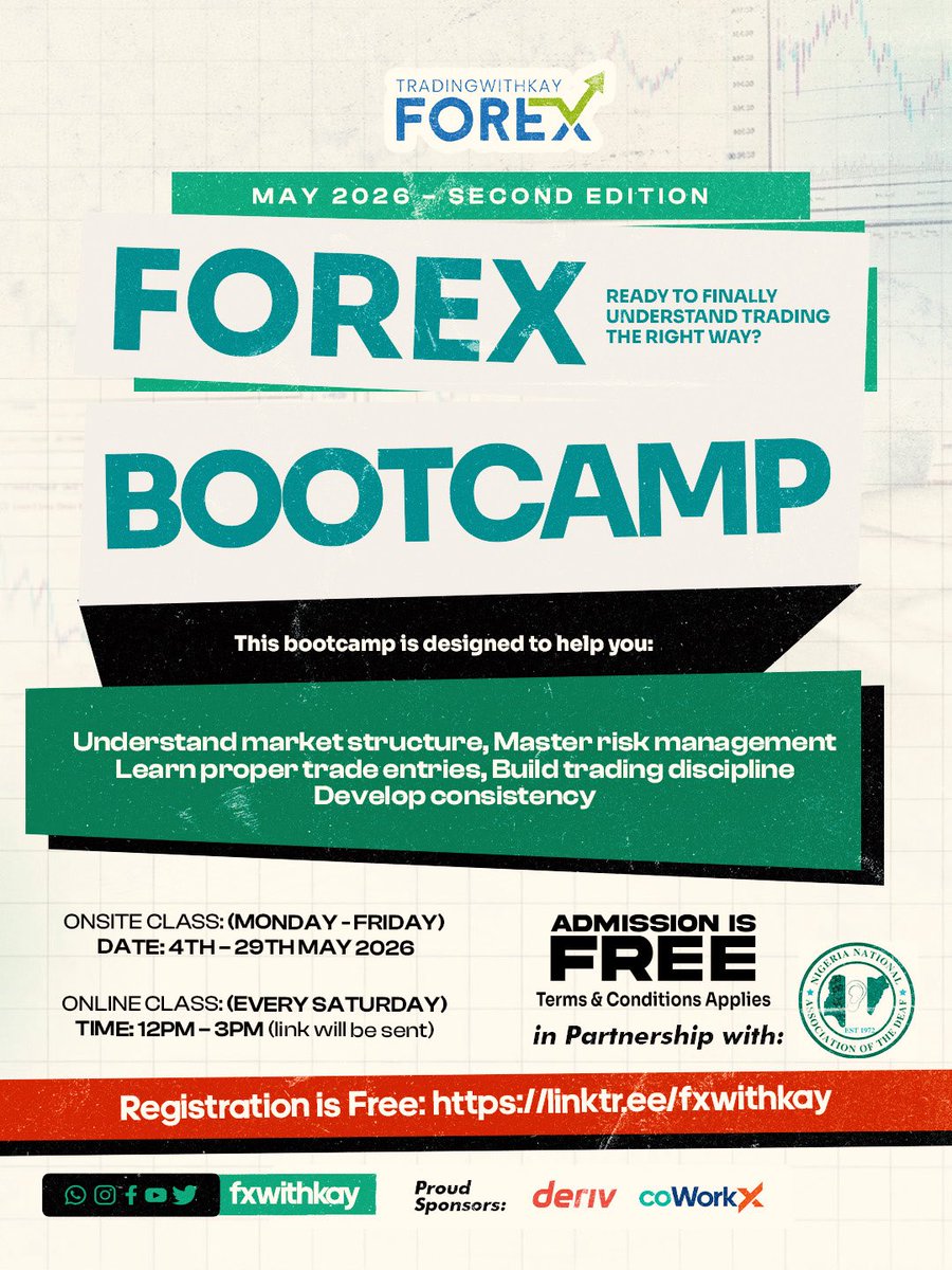 fxwithkay's tweet photo. Our FREE TRADINGWITHKAY Bootcamp returns this May 📊

Designed for traders who want to learn the market with structure, discipline, and proper risk management.

We’re proud to have the Nigerian National Association of the Deaf (NNAD) on board — making this an inclusive learning experience for everyone.

Available onsite & online. Limited onsite seats (5 per session).

📅 May 4th – May 29th

Register here 👉 https://t.co/lKnPtUKm0O

#ForexEducation #LearnTrading #InclusiveLearning #TradingCommunity #FinancialLiteracy #ForexBeginners