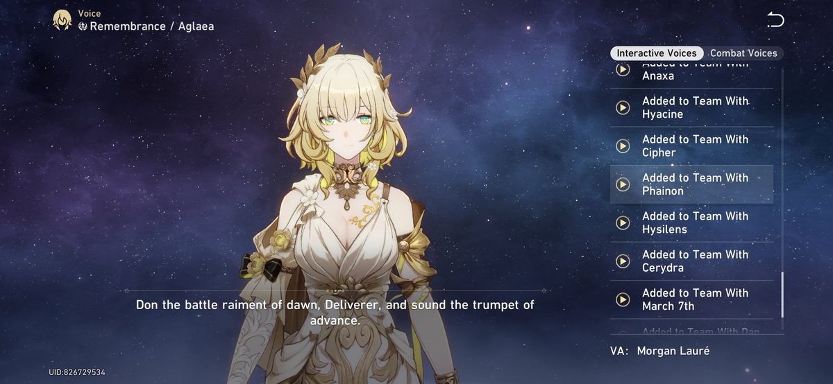 nipponasahi1201's tweet image. #Myphai #ElysiaeSibling #Aglaea #Cyrene #Mydei #Phainon 
The voiceline of Aglaea when added with Elysiae Siblings is very interesting! She is very supportive to them. For Phainon, she want him become great Deliverer. As for Cyrene, she wants Cyrene romance idea can be true.