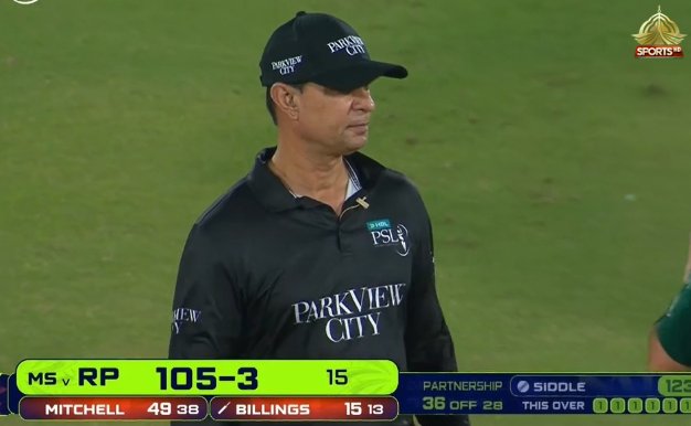 PTVSp0rts's tweet image. Mitchell is on 15, with partners contributing just 4.

#HBLPSL11 #NewEra #PTVSports
