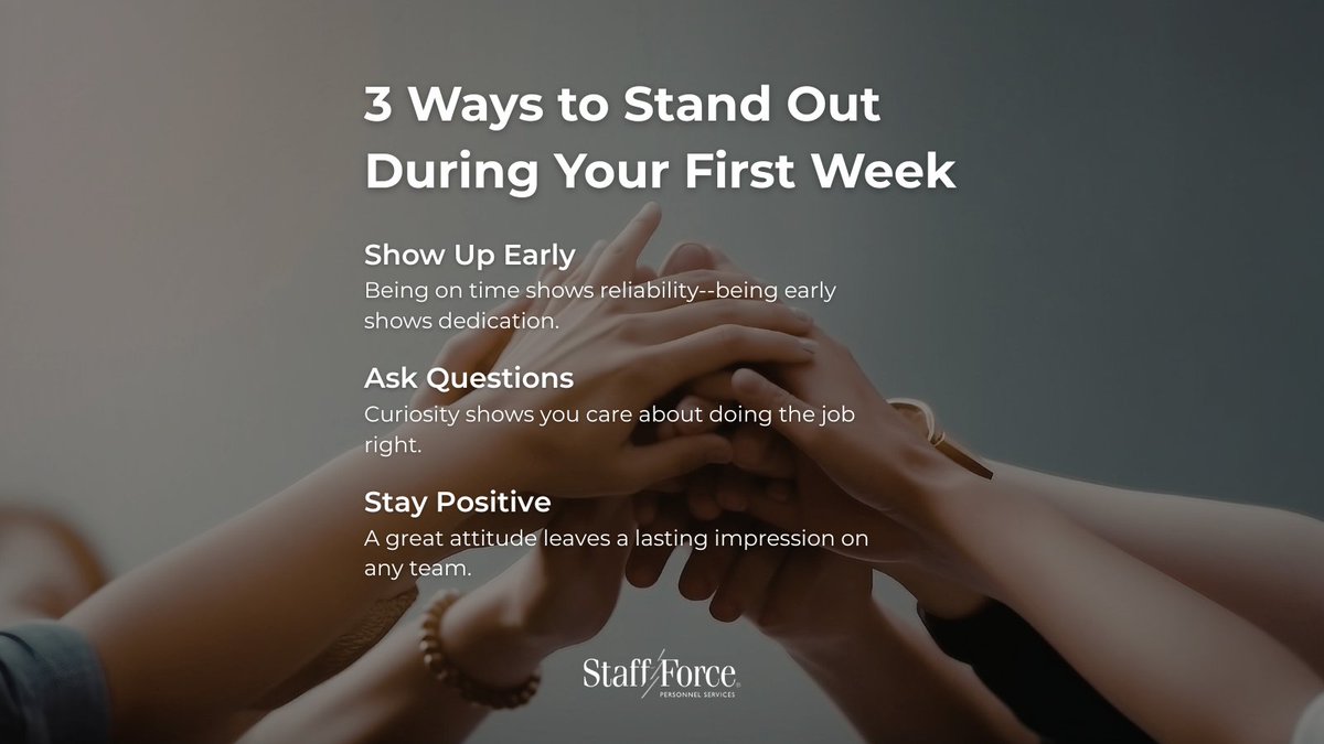StaffForceInc_'s tweet image. Your first week sets the tone! 👏
Stand out and succeed with these 3 tips.

Visit staff-force.com to apply today! 💙

#StaffForce #StaffingAgency #JobTips #NowHiring #ApplyNow #JobOpportunities #StaffingSolutions #JobSearch #Careers #Staffing