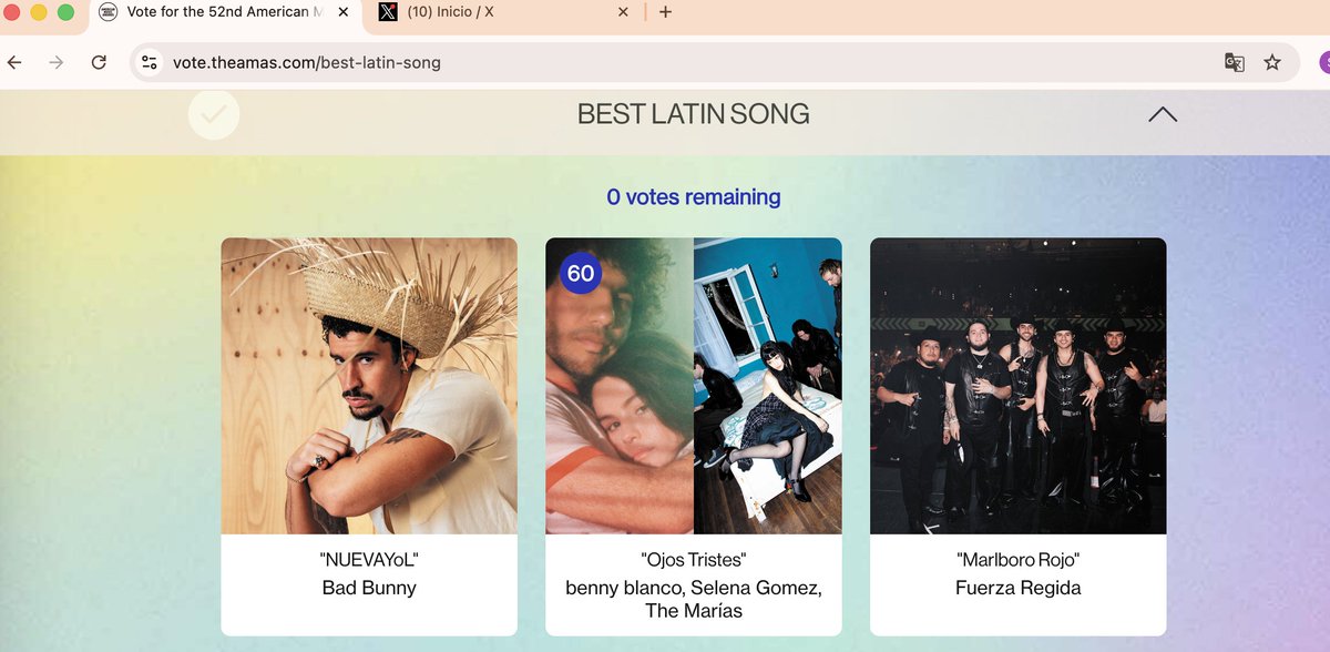 SELENATORS!!

#AMAs voting is double today, you can vote up 60 votes:
vote.theamas.com/best-latin-song