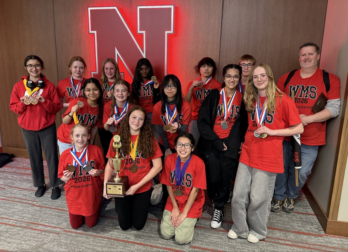WestsideMiddle's tweet photo. WMS took a team of students to compete at the NE Science Olympiad on  in Lincoln. Science Olympiad is the premier team STEM competition in the nation!  Our amazing team of young scientists took 2nd place overall and many of the students brought home individual medals! Congrats! https://t.co/V2iTxOximZ
